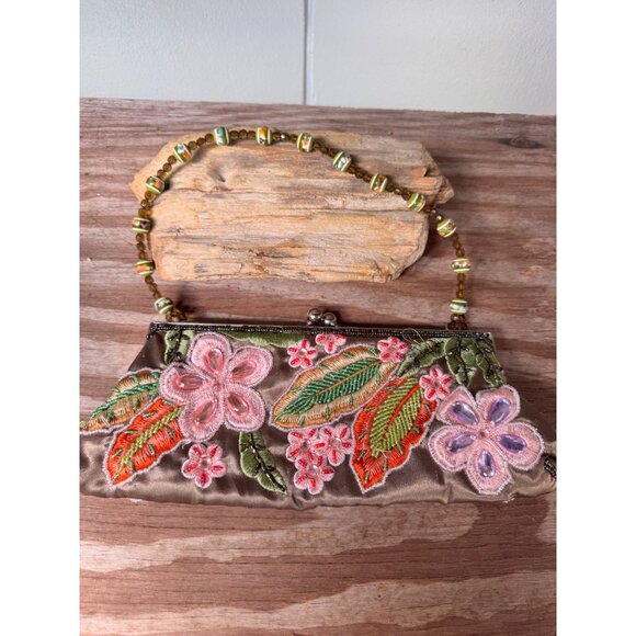 Floral Embroidered Satin Clutch Purse With Beaded Handle - Picture 5 of 8